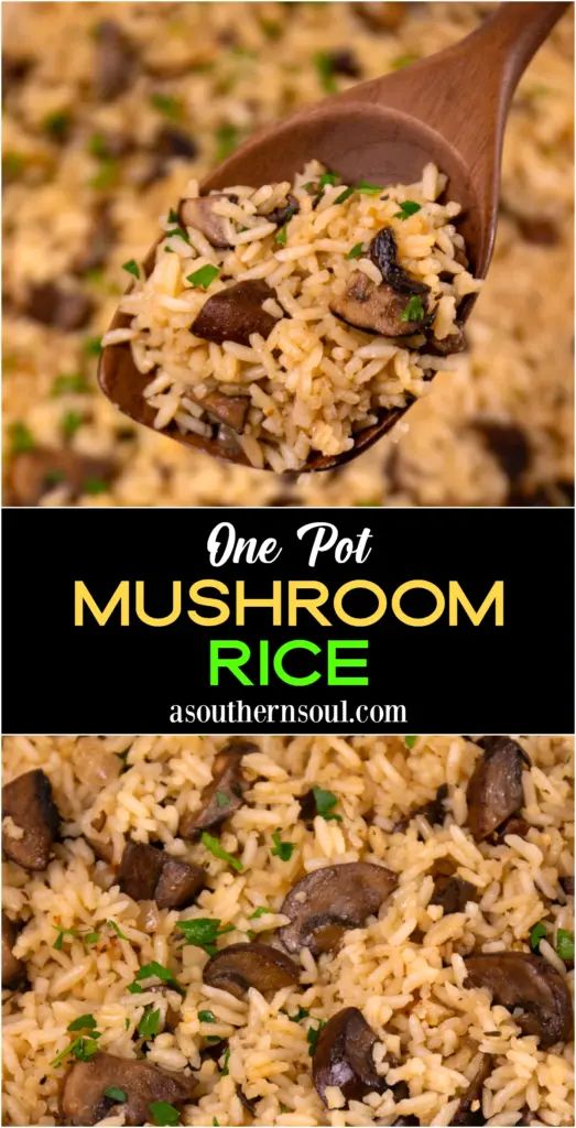 mushroom rice in a wooden spoon with the title overlay reads one pot mushroom rice