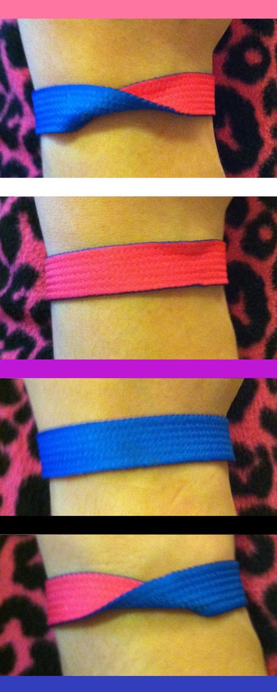 three different pictures of the same woman's legs with pink, blue and purple bands on them