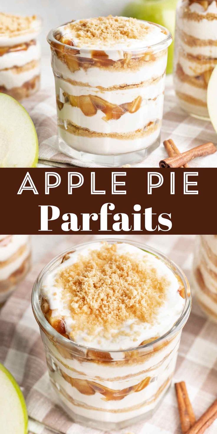 apple pie parfaits in small glass dishes with cinnamon crumbs on top