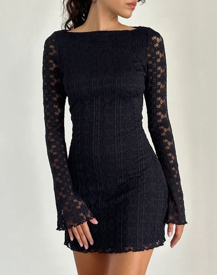 Long Sleeve Winter Dress Formal, Winter Nice Dinner Outfit, Long Sleeve Christmas Dress, Black Formal Dress With Sleeves, Long Sleeve Mini Dress Outfit, Classy Long Sleeve Dress, Winter Party Outfits, Lace Long Sleeve Mini Dress, Long Sleeve Black Dress