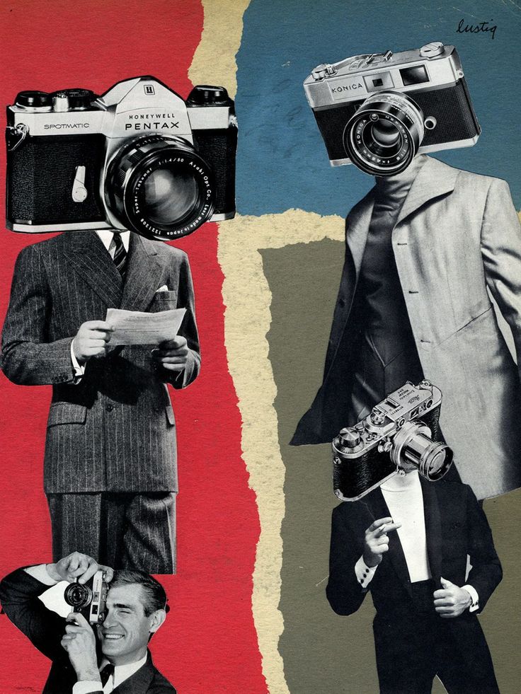 a collage of men in suits and ties, one holding a camera the other wearing a suit