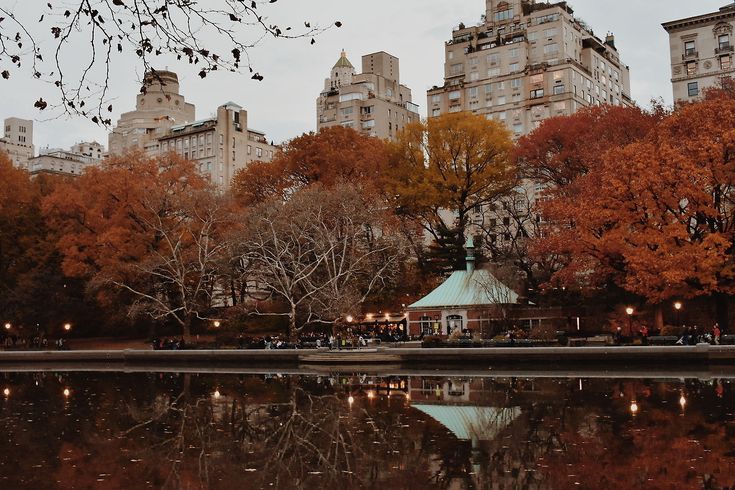 the view of central park in new york city from across the pond, with autumn trees and buildings reflected in the water