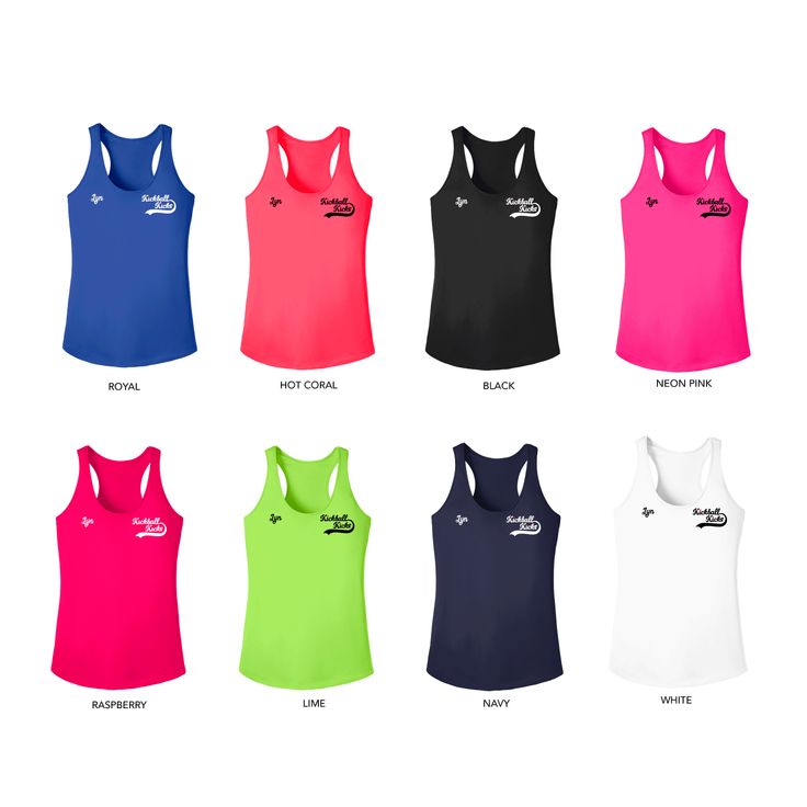 women's tank tops with different colors and logos on the front, in various sizes