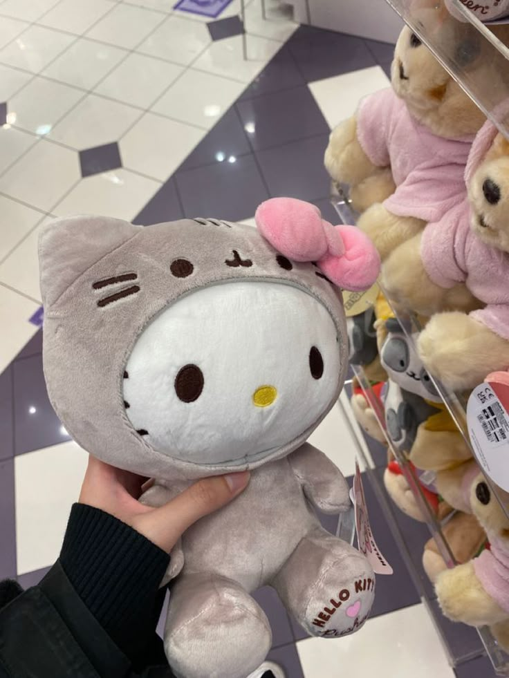 a person holding a hello kitty stuffed animal in front of several other stuffed animals on display