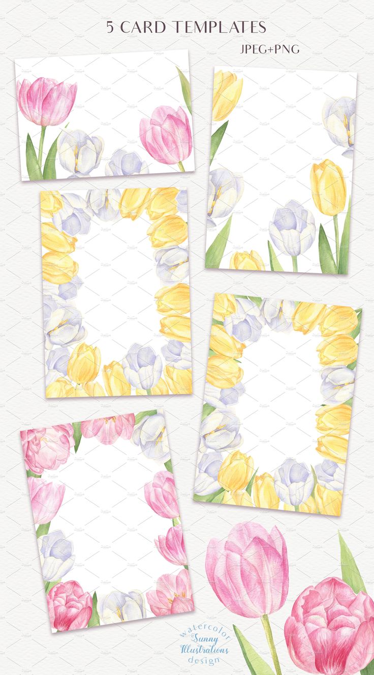 watercolor tulips and other flowers are arranged in the shape of a square frame