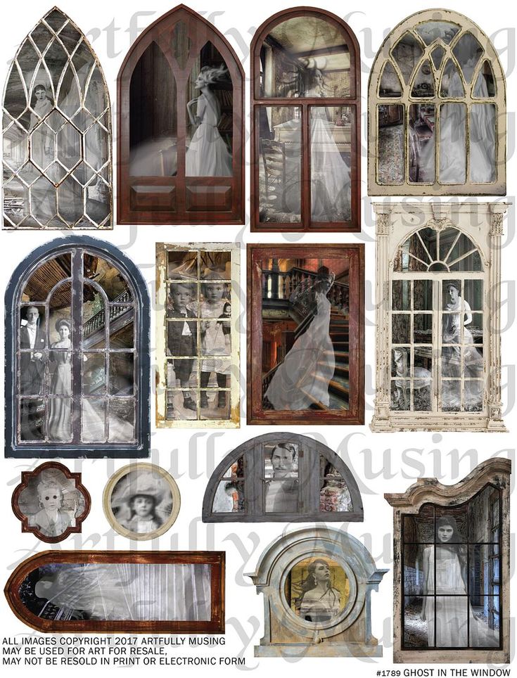 an assortment of old fashioned windows with ghost figures in the window panes and around them