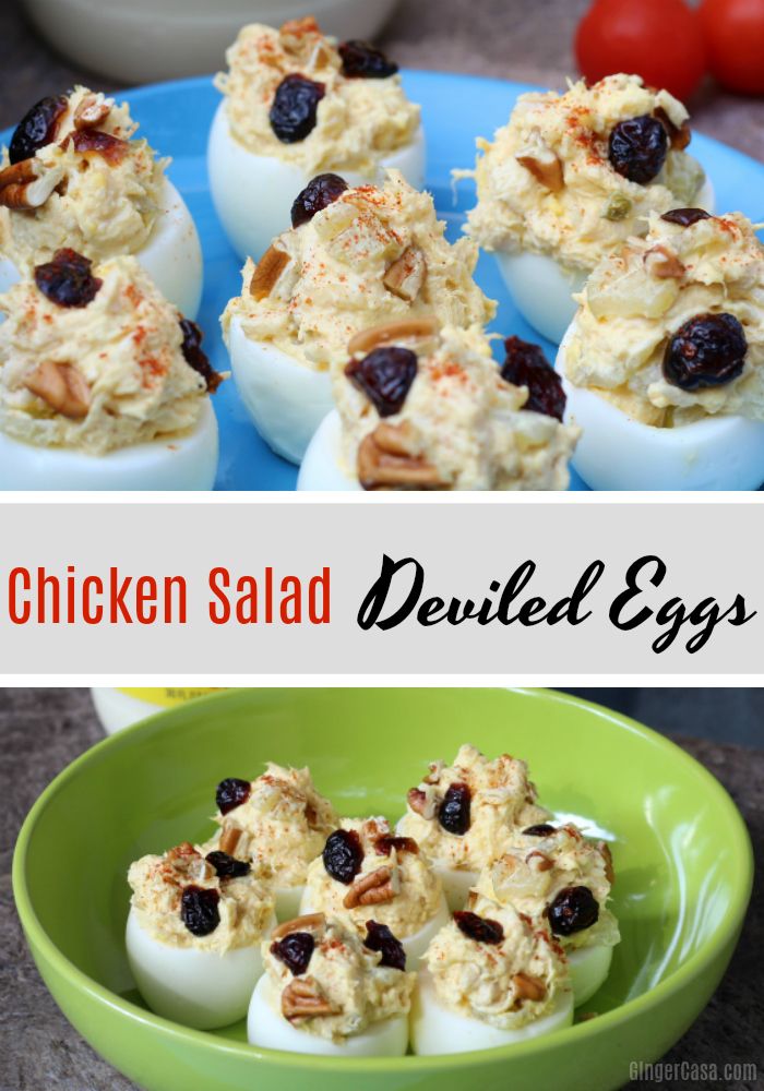 chicken salad deviled eggs with cranberries and pecans