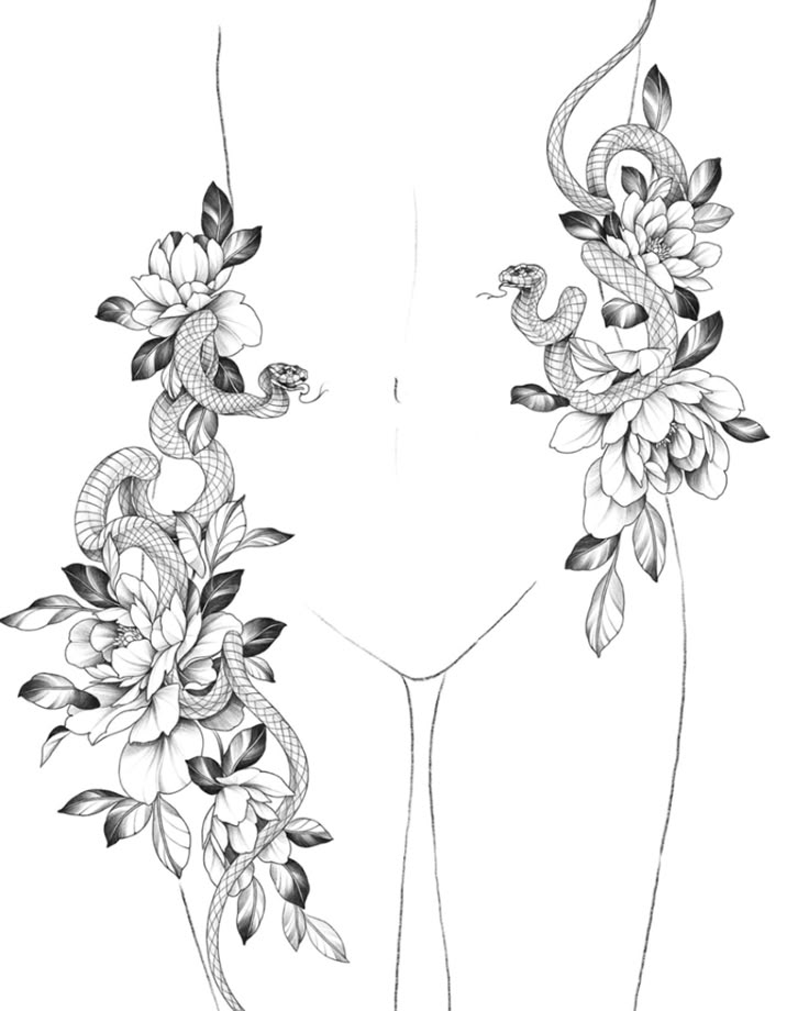 a woman's torso with flowers and snakes on the side, in black and white