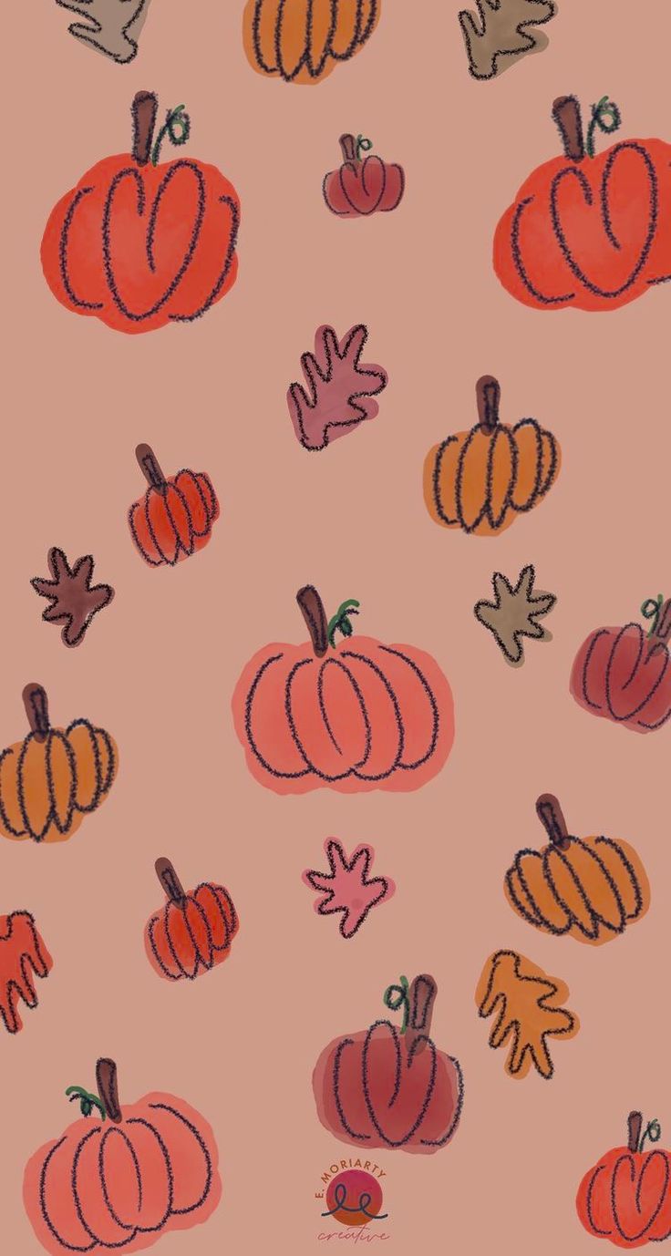 a drawing of pumpkins and leaves on a pink background with red, orange, and yellow colors