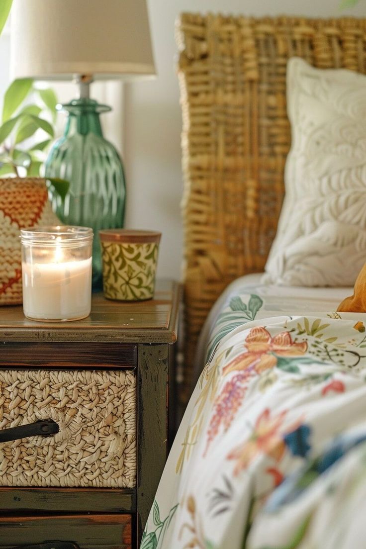 a wicker night stand with two candles on it next to a bed in a bedroom