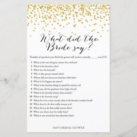 a gold confetti wedding game with the words what did the groom say?