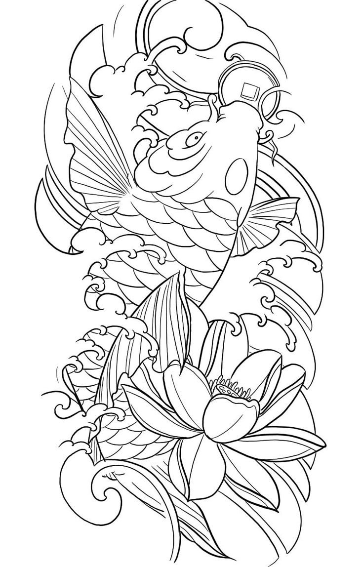 a black and white drawing of a koi fish with flowers on it's back