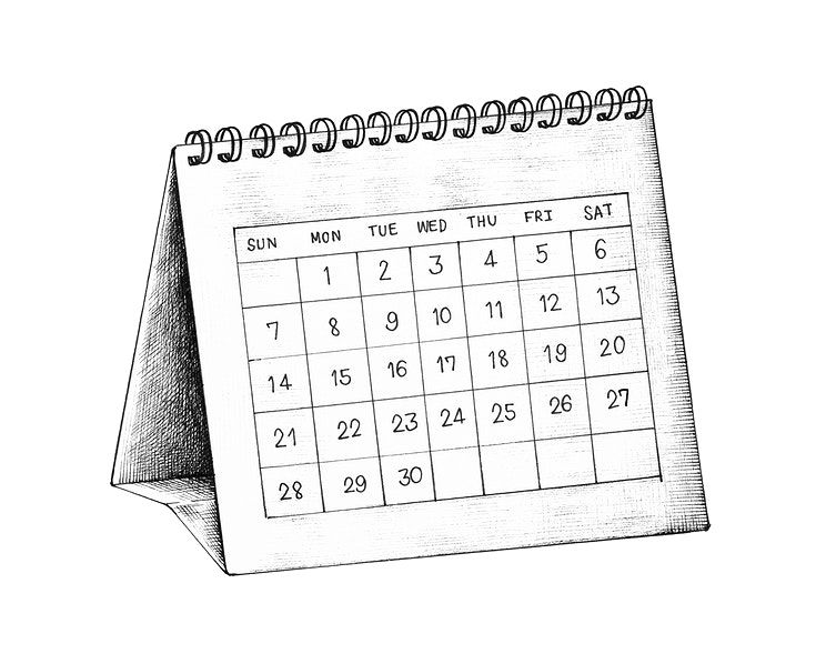 a black and white drawing of a calendar with the date on it's page