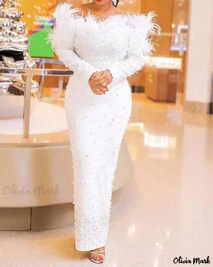 Olivia Mark - Elegant Beaded Feather Bodice Dress with Pearl Accents Form Fitting Maxi Dress, Column Wedding Dress, Embellished Jumpsuit, Beaded Party Dress, Off Shoulder Evening Dress, Dress Women Elegant, فستان سهرة, Feather Dress, African Dresses For Women