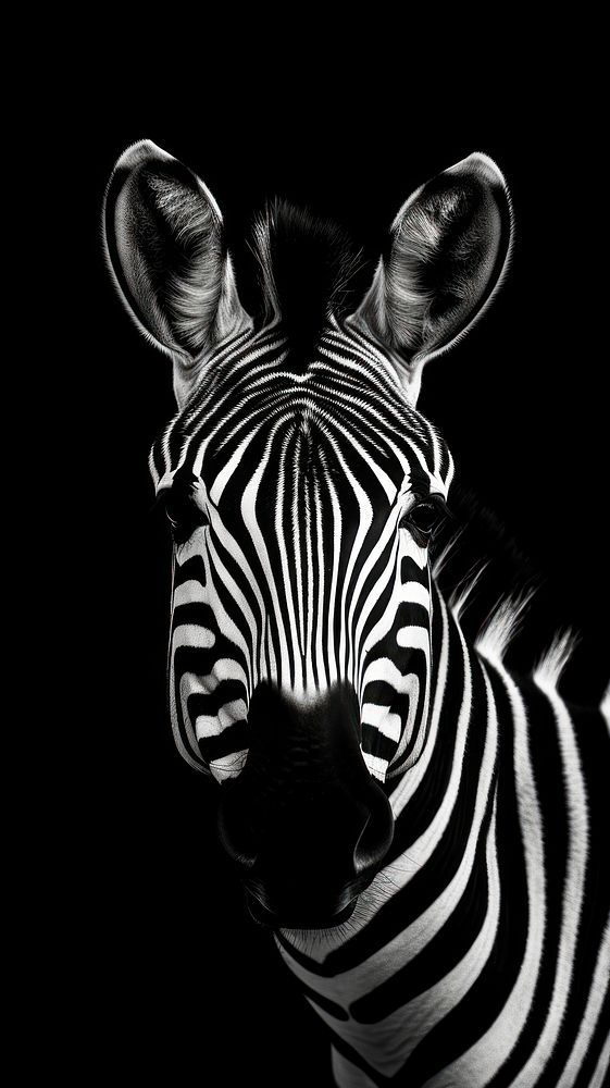 black and white photograph of a zebra's head with its eyes open in the dark