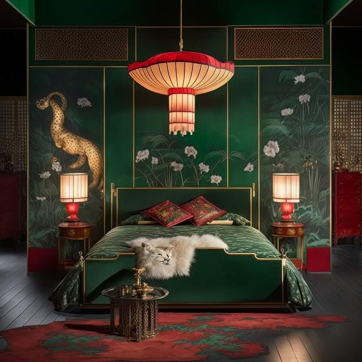 a bedroom decorated in green and red with a bed, lamps, rugs and pictures on the wall