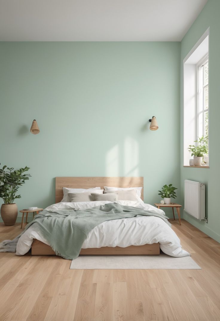 a bedroom with green walls and white bedding, hardwood floors, potted plants