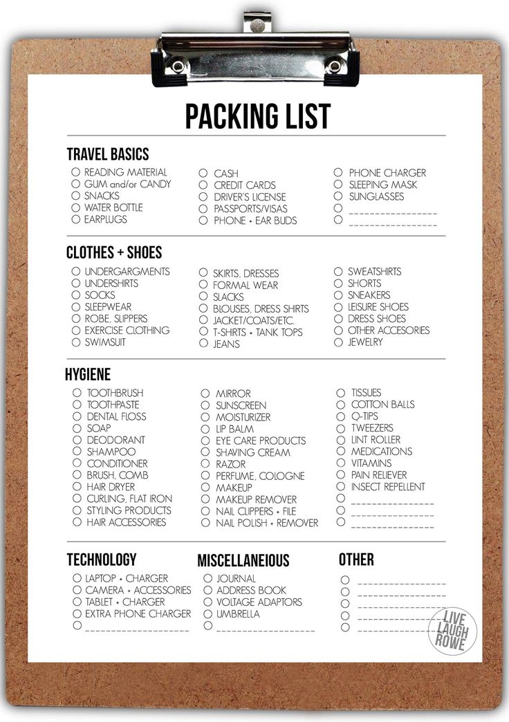 the packing list on a clipboard with text that says packing list and other things to do