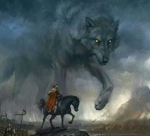 a man riding on the back of a horse next to a wolf