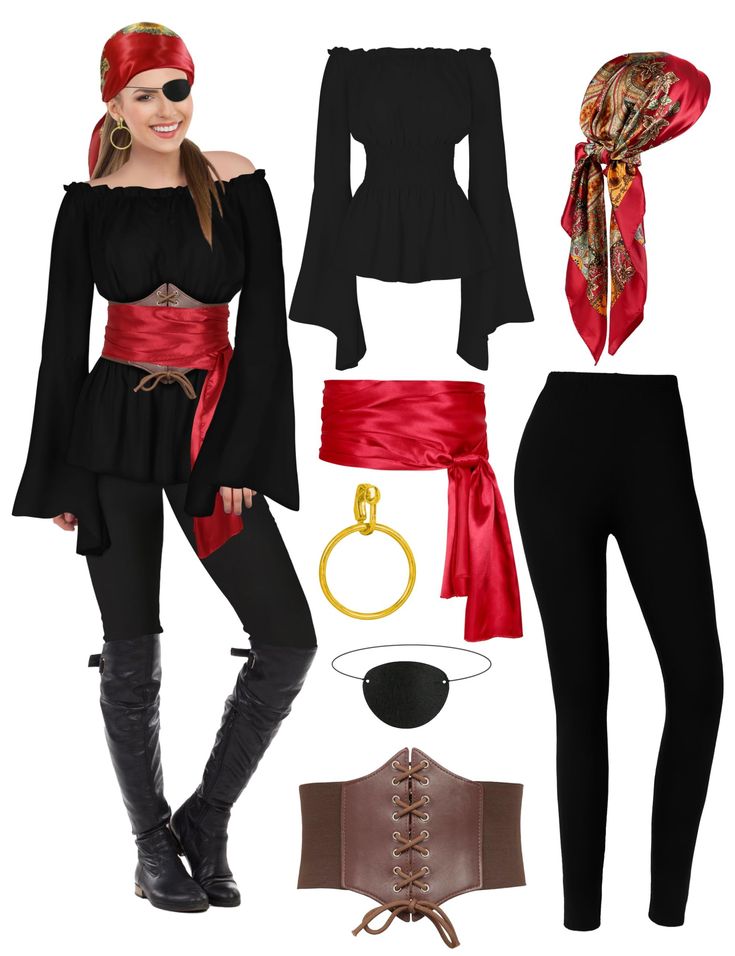 a woman in black and red outfit with accessories