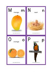 four cards with pictures of birds, oranges and an egg in each one's letter