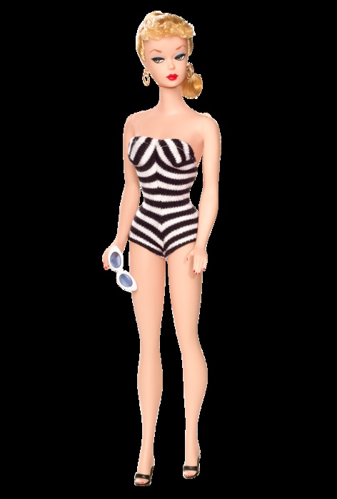 a barbie doll wearing a black and white striped bathing suit