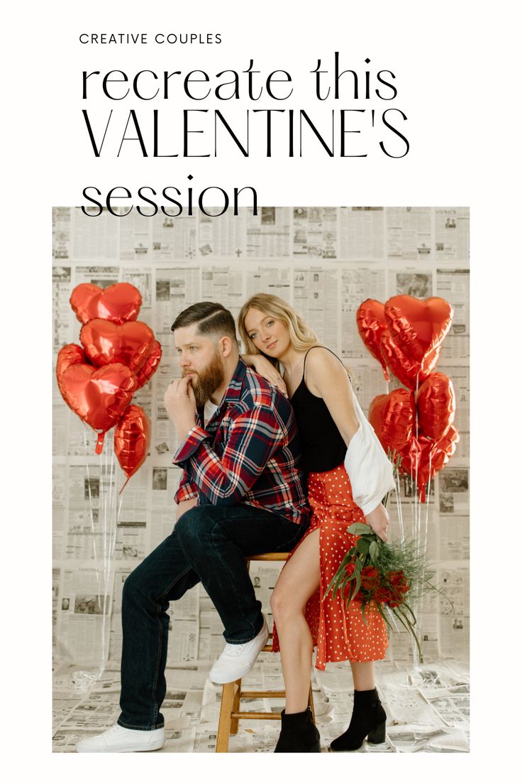 a man and woman sitting on a stool with red balloons