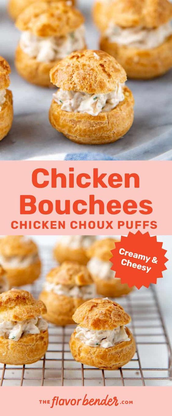 chicken bouchees on a baking rack with text overlay