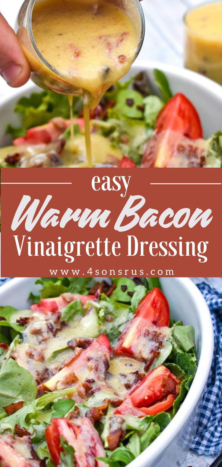 a salad with dressing being drizzled over it and the words easy vegan bacon vinaiette dressing