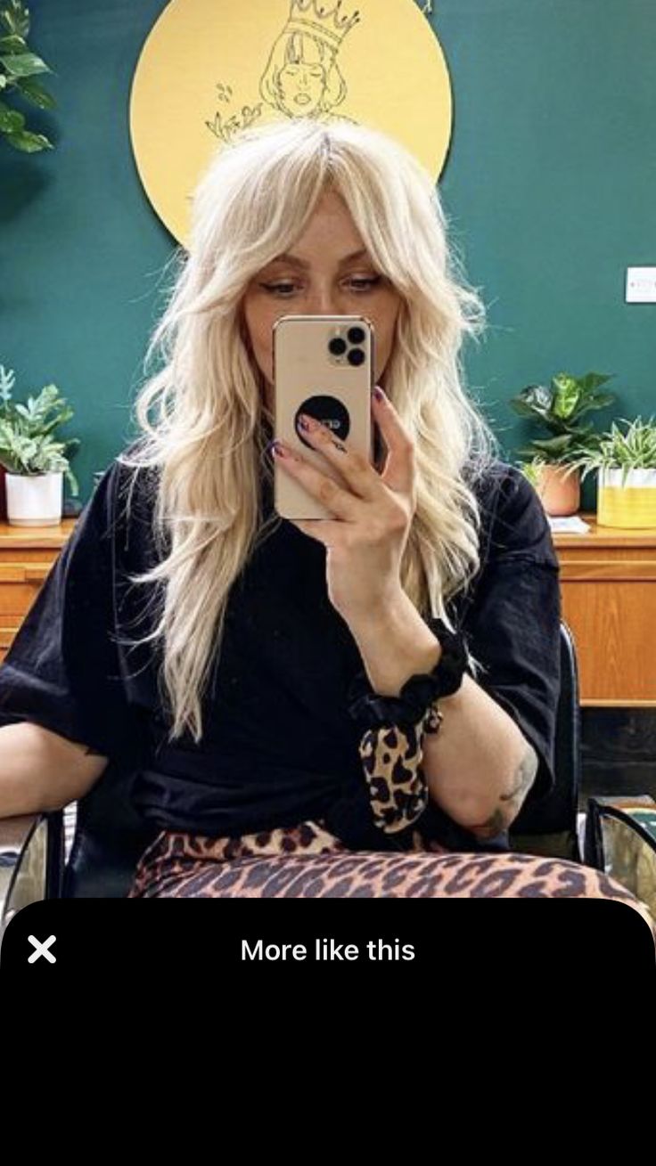 Shag Hair Side Part, Blonde Split Bangs, Edgy Long Haircut For Thick Hair, Professional Alternative Hair, Shag With Blonde Underneath, Alternative Hair Updo, 70s Shag Haircut Long Curtain Bangs, Blonde With Dark Peekaboo, Curtain Bang Shag Haircut