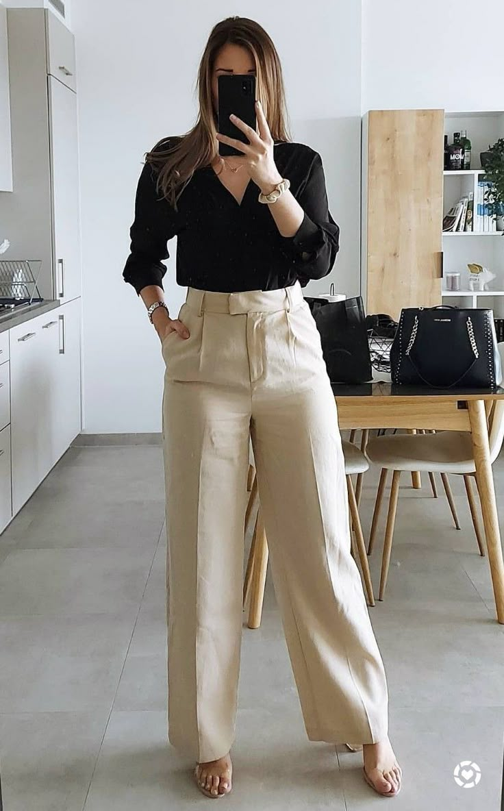 Beige Pleated Trousers Outfit, Formal Pant Shirt Women, Formals For Women Indian, Tops On Beige Pants, Black And Beige Outfit Women, Women Formal Trousers Design, Trousers Outfit With Heels, Cream Color Trousers Outfit, Black Top Beige Pants Outfit