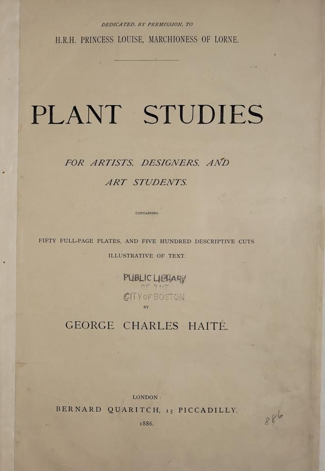 an old book with black writing on the front and back cover, which reads plant studies for artists, designers, and art students