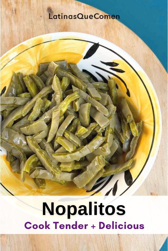 nopalitos in a yellow and white bowl on a wooden table with text overlay