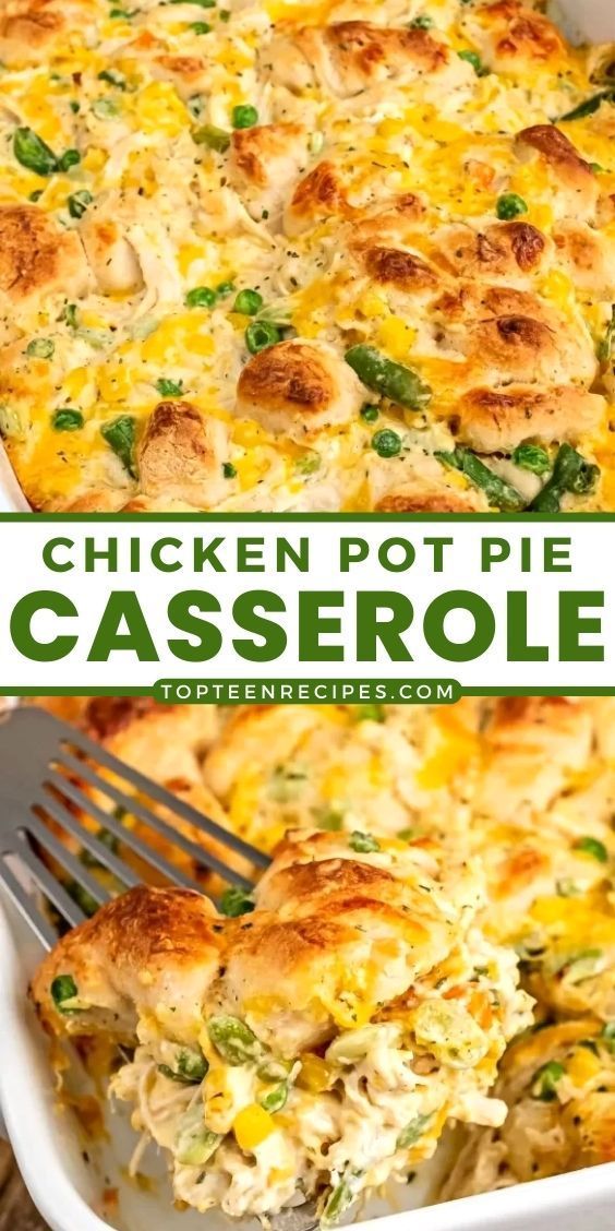 chicken pot pie casserole in a white dish with a fork