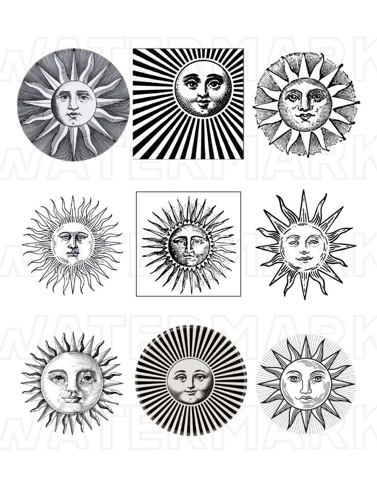 six sun and moon designs in black and white, each with different faces on them