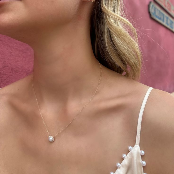 The matching pendant to our pearl & diamond halo studs--you can't go wrong! Instagram Men, Bridal Guide, Halo Necklace, Pearl Diamond, Engagement Ring Wedding Band, Bridal Shop, Jewelry Case, Custom Engagement Ring, Diamond Halo