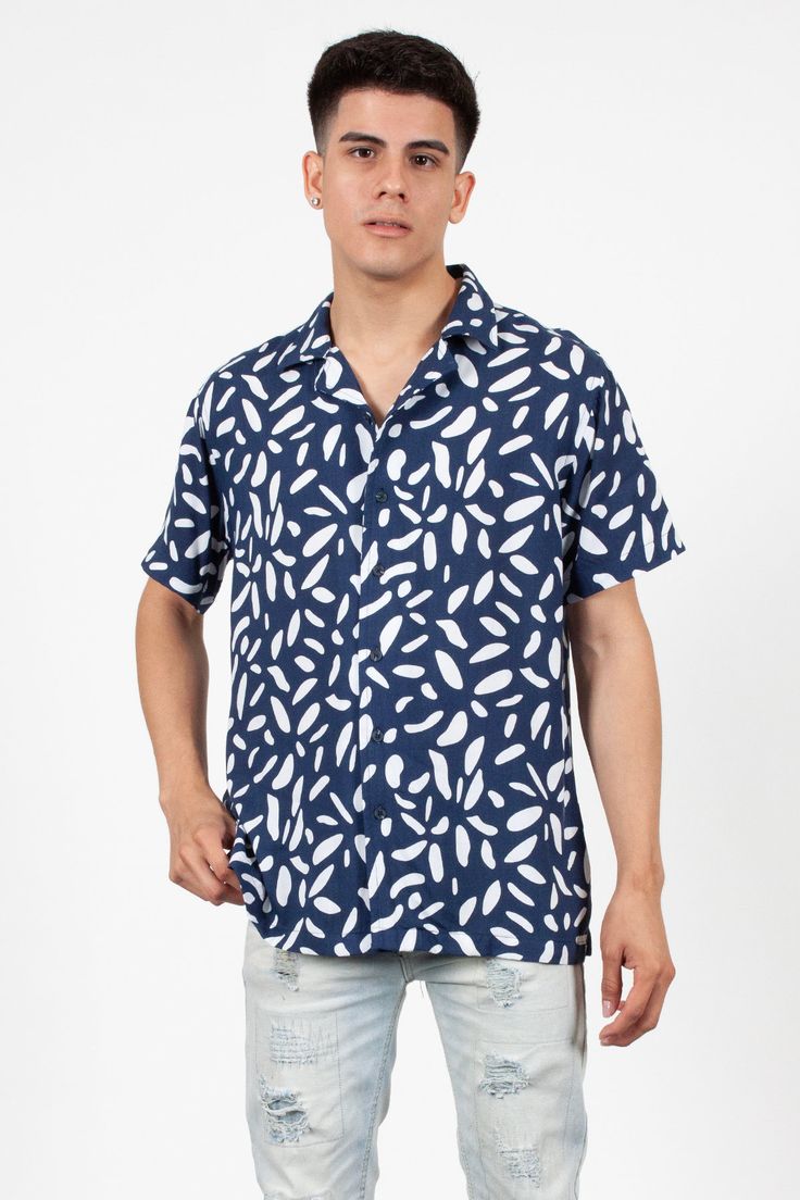 Navy & White Pattern Woven Short-Sleeve Button Up Cotton Shirt With Button Closure For Beach Season, Casual Buttoned Camp Shirt For Beach, Casual Short Sleeve Shirt With Buttons For Beach, Casual Short Sleeve Button Shirt For Beach, Summer Camp Shirt With Button Closure, Summer Beach Short Sleeve Shirt With Button Closure, Spring Beach Short Sleeve Shirt, Summer Button-up Hawaiian Shirt, Summer Short Sleeve Shirt With Button Closure For Beach