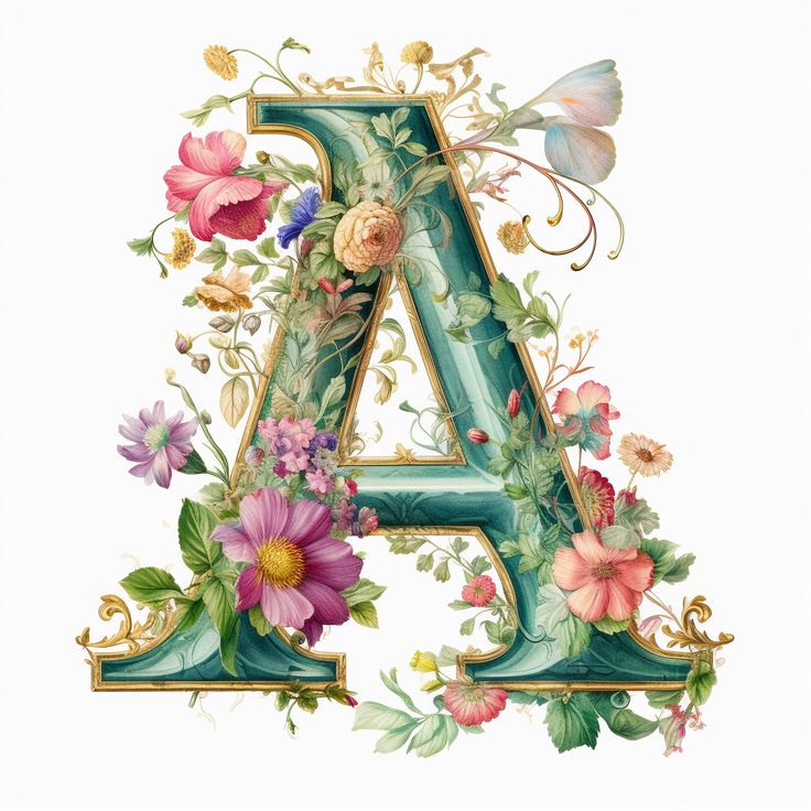 the letter a is decorated with flowers and butterflies