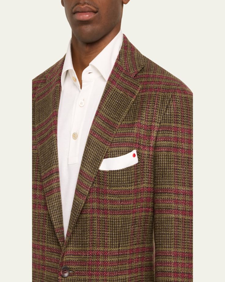 Kiton sport coat in twotone woven plaid    Singlebreasted silhouette; 3 rolled to 2 buttons    Notched lapels    Chest welt pocket    Side patch pockets    Unfinished sleeves      Doublevented back    Cashmere/virgin wool/silk    Made in Italy Tailored Plaid Blazer With Patch Pockets, Plaid Blazer With Lapel Collar And Welt Pockets, Plaid Blazer With Welt Pockets And Lapel Collar, Semi-formal Plaid Outerwear With Hidden Button Closure, Semi-formal Plaid Tweed Jacket With Concealed Placket, Plaid Long Sleeve Blazer With Concealed Placket, Long Sleeve Plaid Blazer With Concealed Placket, Plaid Semi-formal Outerwear With Hidden Button Closure, Plaid Outerwear With Hidden Button Closure For Semi-formal Events