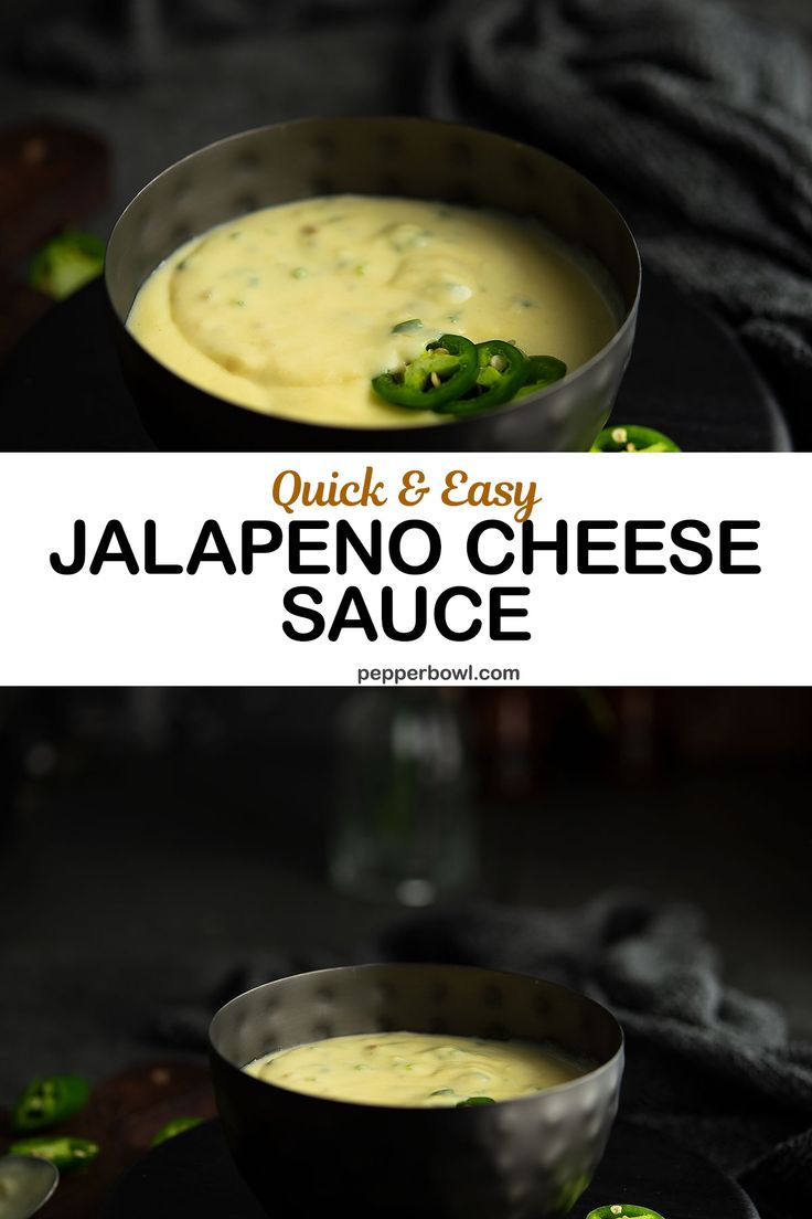 jalapeno cheese sauce in a bowl on a black plate with the words quick and easy jalapeno cheese sauce