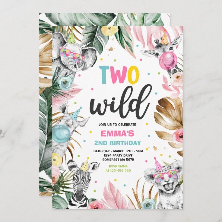 a wild one birthday party with animals, flowers and leaves on the front of it