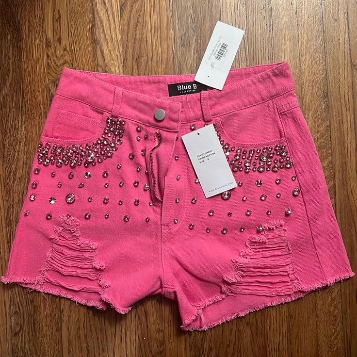 Denim Shorts Pink Rhinestones Bought Them For A Pink Cowgirl Party That Got Canceled. Pink Just Isn’t Really My Color. Open To Offers Rhinestone Jean Shorts For Summer, Trendy High Waist Jean Shorts For Parties, Trendy Summer Party Jean Shorts, Embellished Jean Shorts For Summer, Trendy Jean Shorts For Party, High Waist Jean Shorts For Spring Party, Spring Jean Shorts With Rhinestones, Rhinestone Shorts For Spring, High Waist Jean Shorts With Rhinestone Fringe For Summer