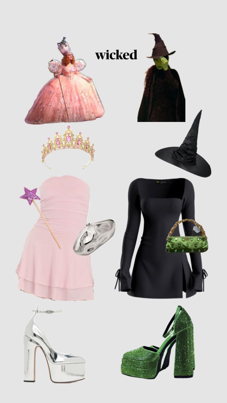 the wizard's hat, dress and shoes are all in different colors