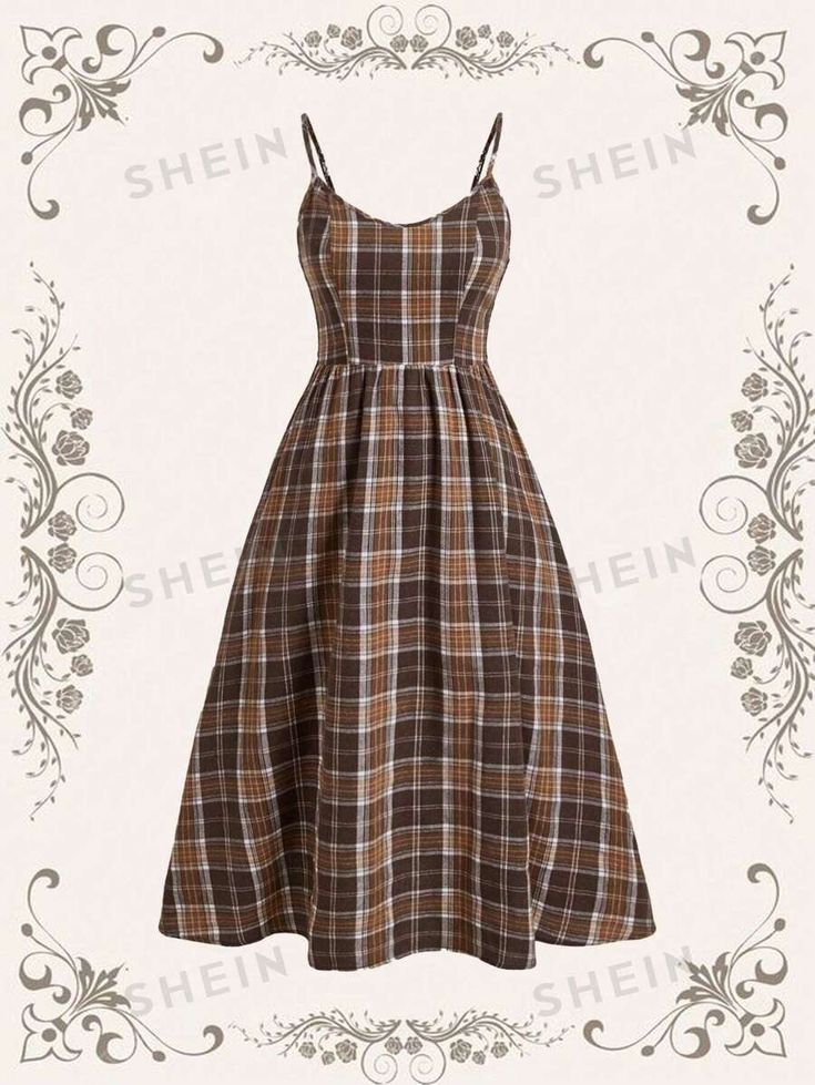 Style:Casual \nType:A Line \nHem Shaped:Flared \nWaist Line:High Waist \nSleeve Type:Raglan Sleeve \nNeckline:Stand Collar \nColor:Brown \nPattern Type:Colorblock \nPattern Type:Plaid \nSleeve Length:Sleeveless \nLength:Long \nFit Type:Slim Fit \nFabric:Non-Stretch \nMaterial:Woven Fabric \nComposition:75% Polyester \nComposition:20% Cotton \nComposition:5% Viscose \nCare Instructions:Machine wash or professional dry clean \nBody:Unlined \nSheer:No \n Plade Dress, Plaid Spaghetti Strap Dress, Spaghetti Strap Dress, Brown Dress, Strap Dress, Spaghetti Strap Dresses, Fall Dresses, Dress P, Stand Collar