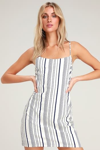 Cute Floral Dresses and Printed Party Attire | Latest Styles of Women's Floral-Print Dresses at Great Prices Cute White Dress, Party Attire, Blue Dress Formal, Blue Cocktail Dress, Blue Striped Dress, Striped Shirt Dress, White Dresses For Women, Striped Mini Dress, Cute Summer Dresses