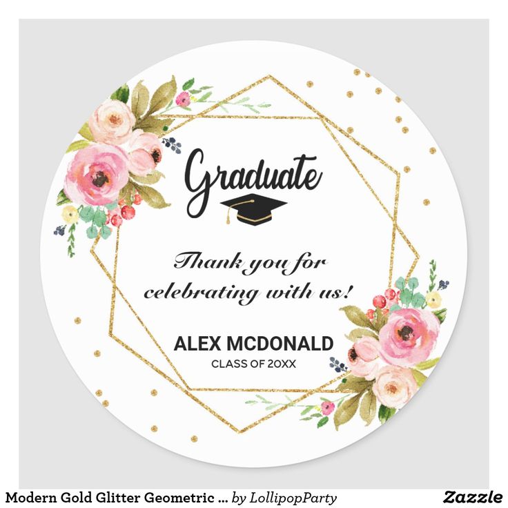 congratulations stickers for graduating with flowers and gold dots on the bottom, thank you for celebrating