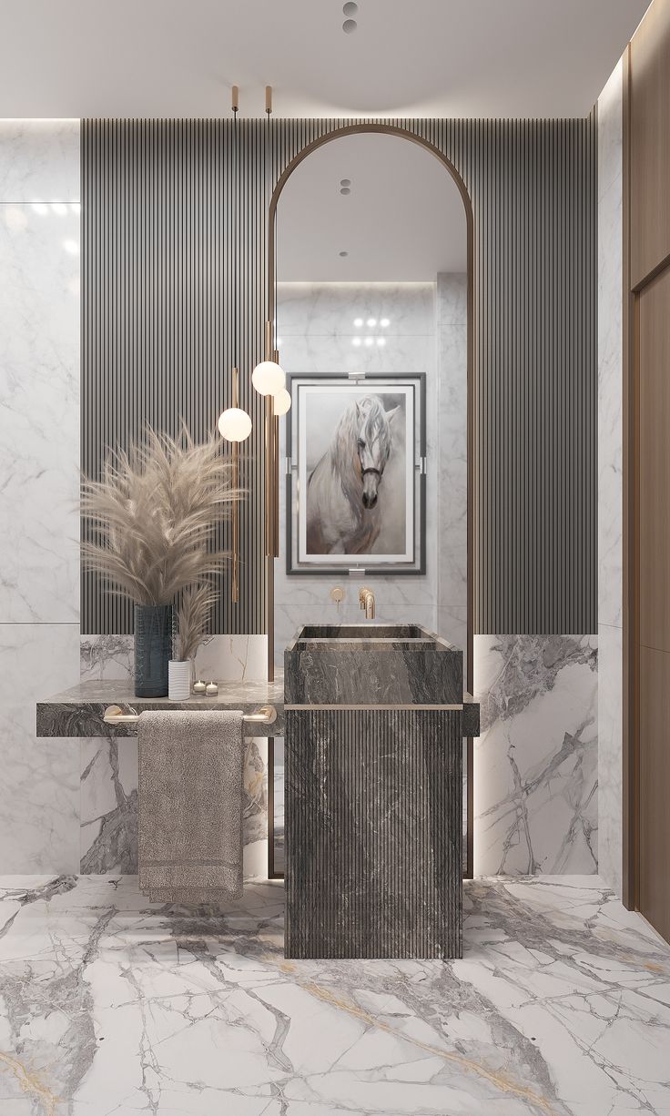 a bathroom with marble walls and flooring