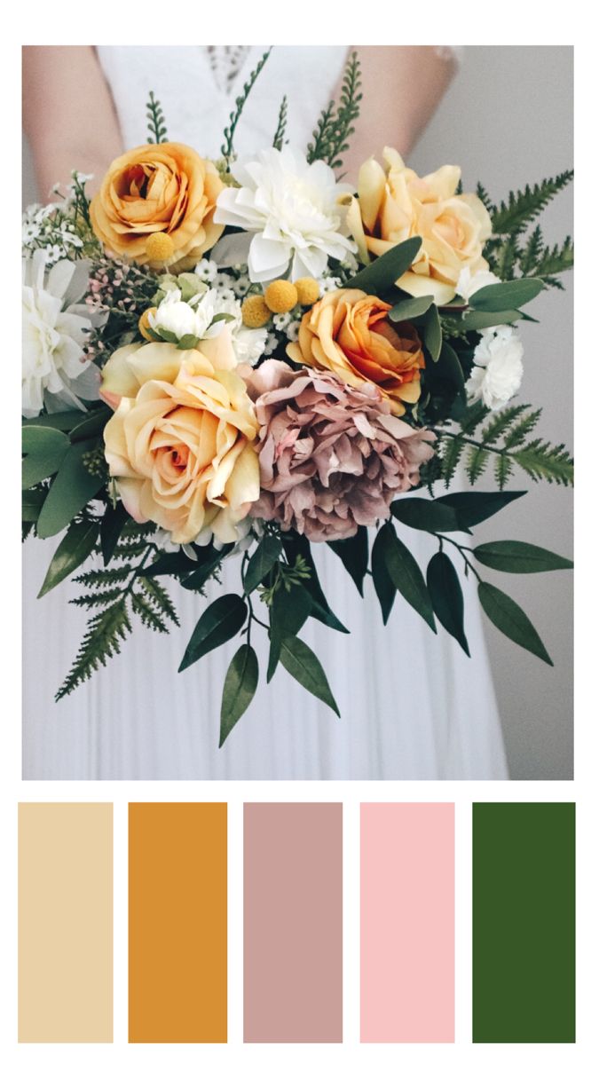 a bride holding a bouquet of flowers and greenery with color swatches in the background