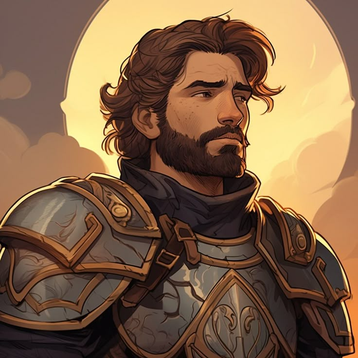 a man with a beard wearing armor and standing in front of a full moon background