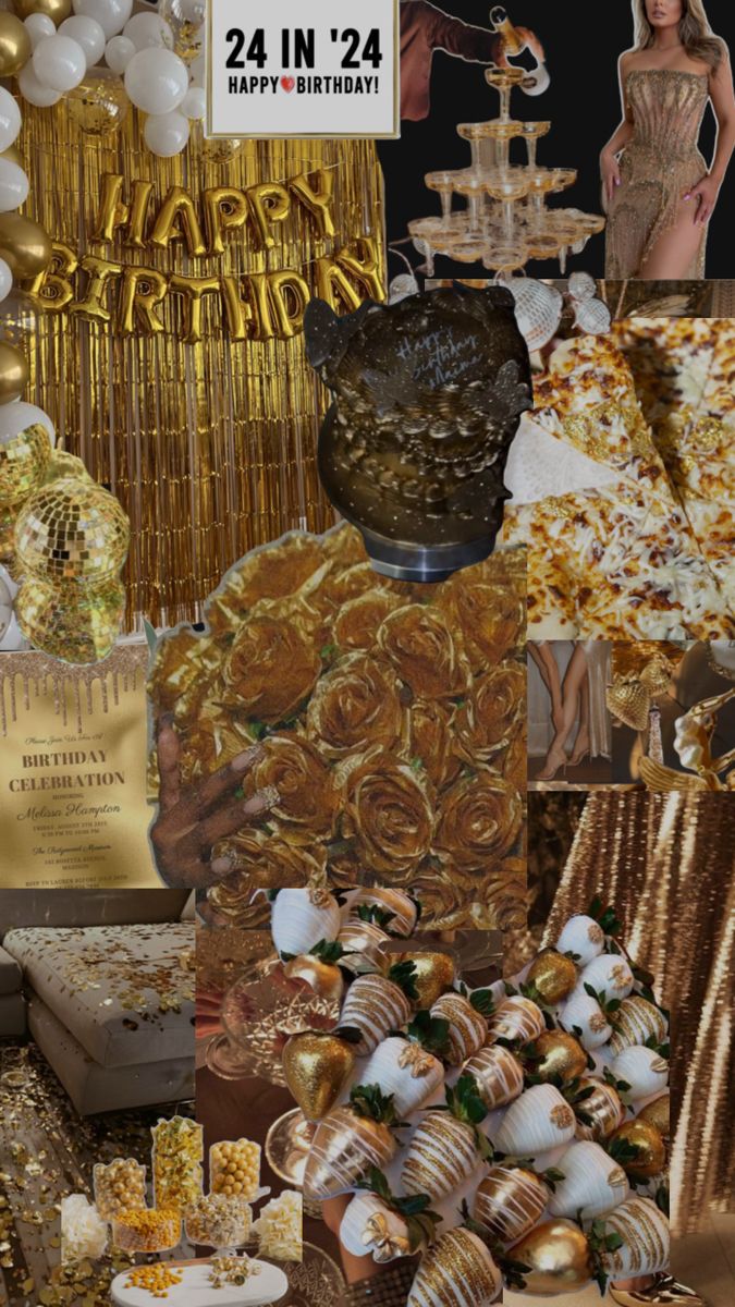 a collage of photos with gold and white decorations, balloons, cake, and other items